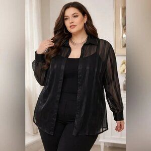 Penningtons Black Sheer Blouse 4X Elegant Stripe Button Up Plus Size